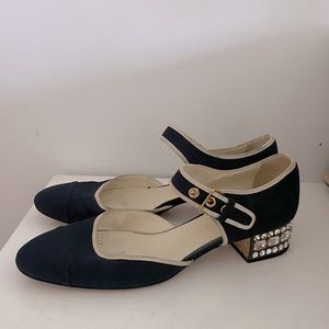 Miu Miu jeweled heel canvas sandal